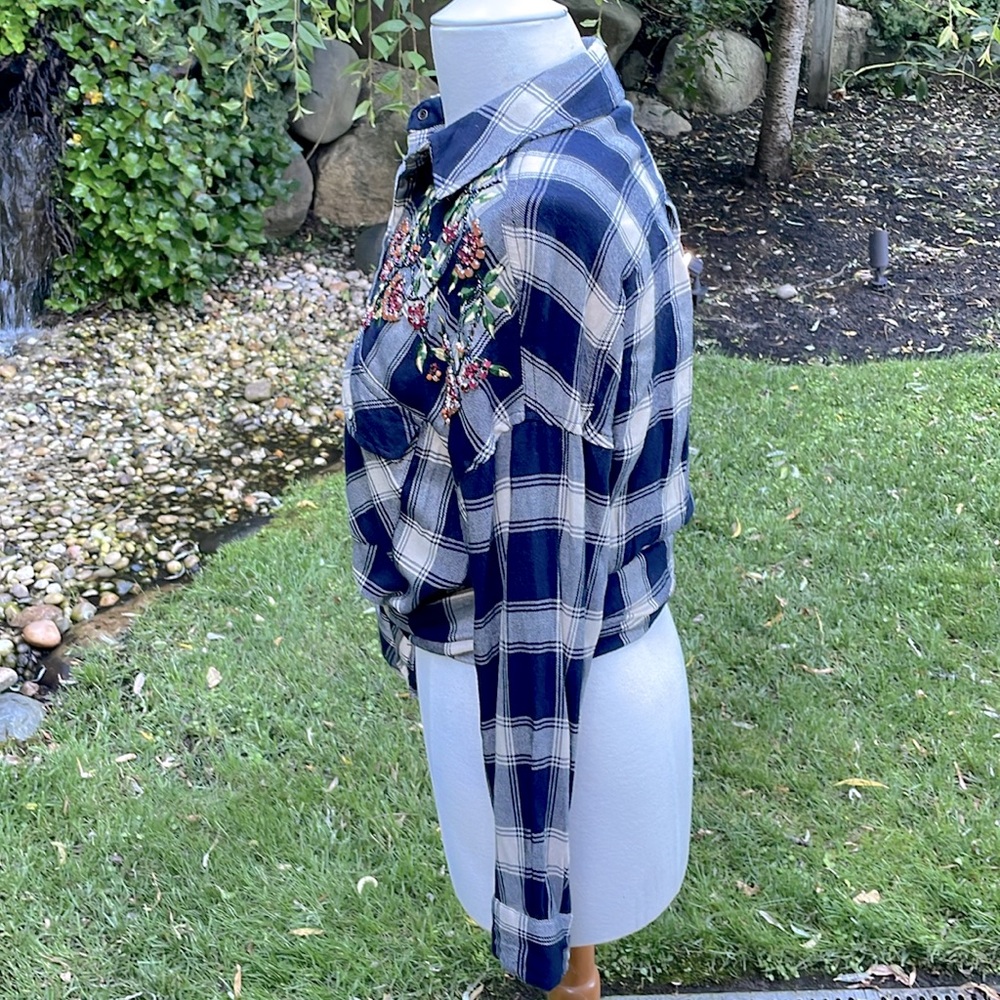 ZARA BASIC DENIM EMBELLISHED BLUE PLAID LONG SLEEVE TOP -XS ππ€© - Picture 5 of 12